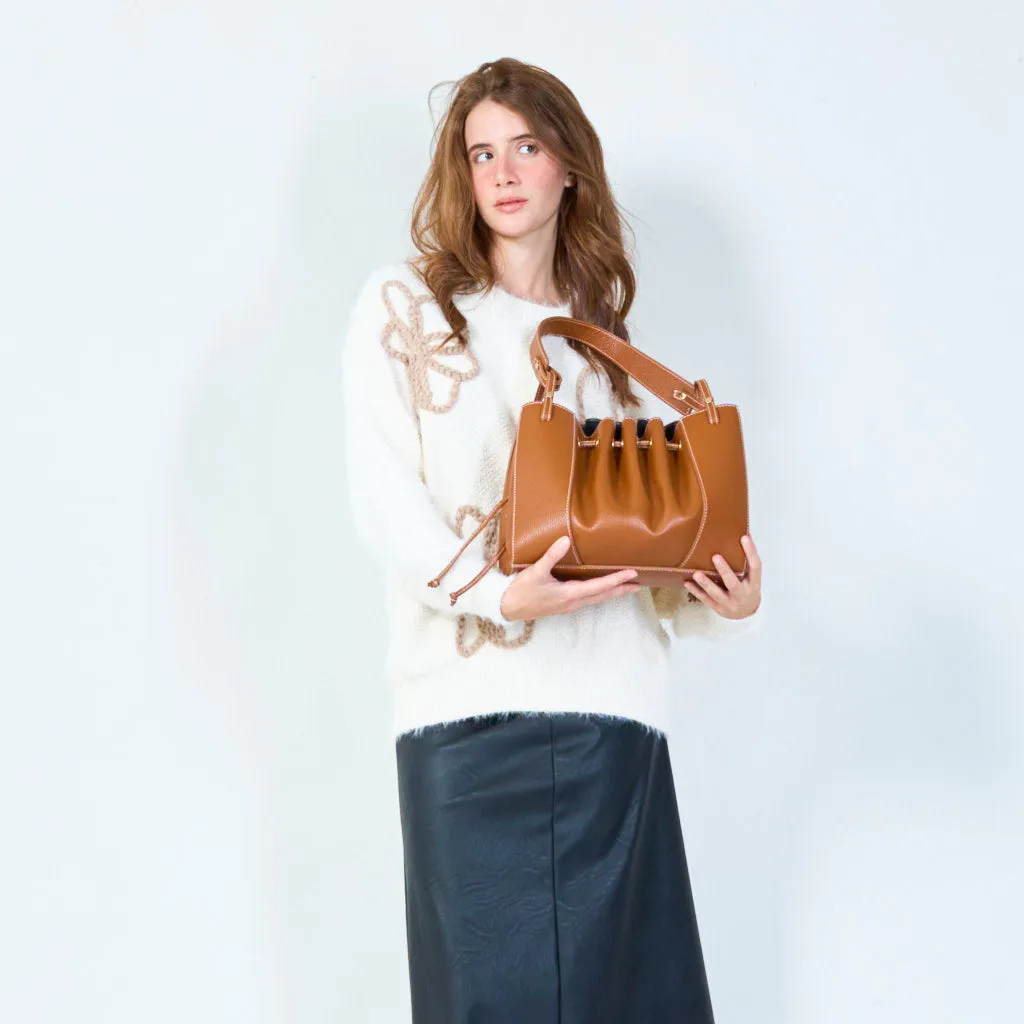 Drawstring bucket bag with leather finish wholesale