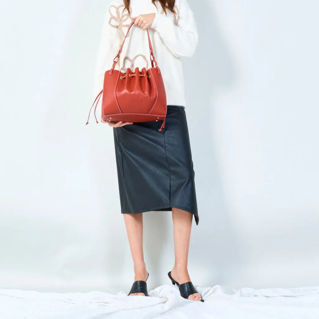 Drawstring bucket bag with leather finish wholesale