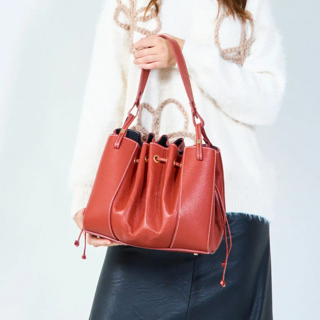 Drawstring bucket bag with leather finish wholesale