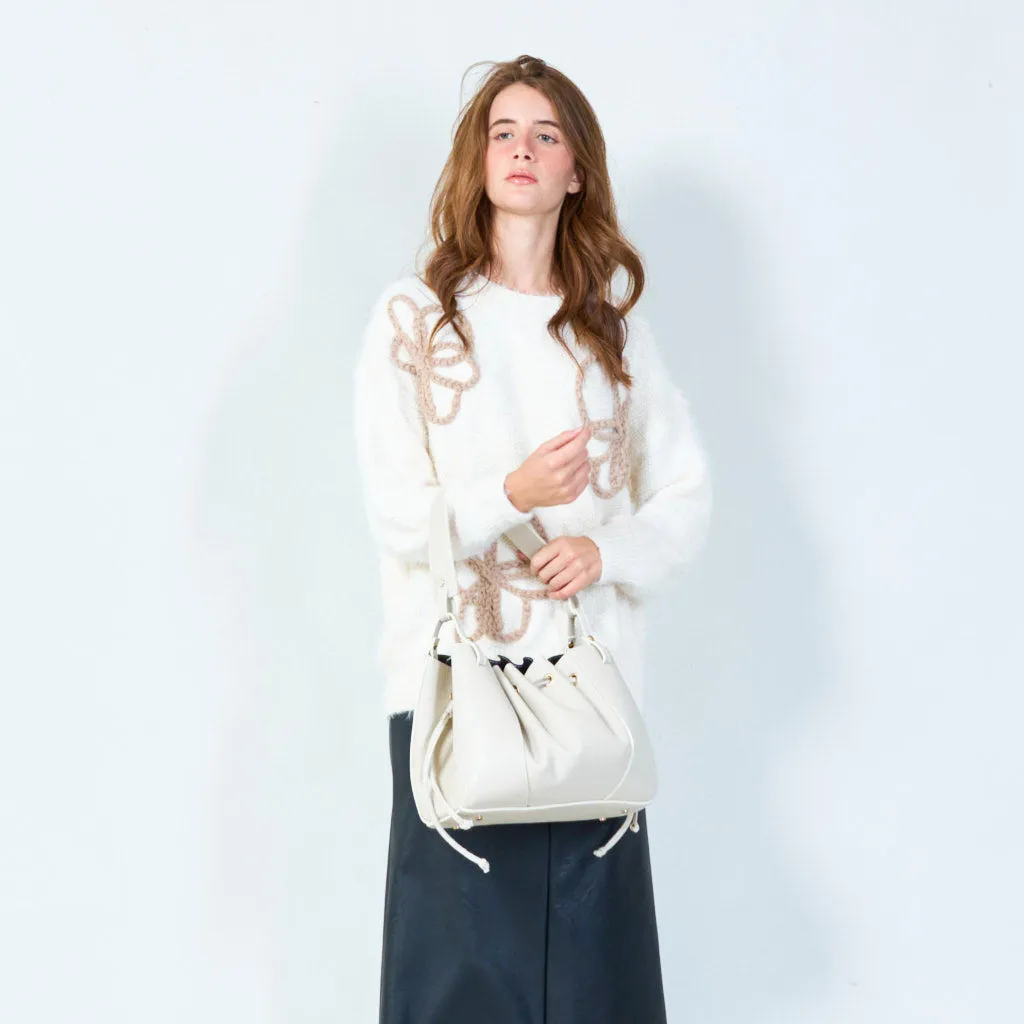 Drawstring bucket bag with leather finish wholesale