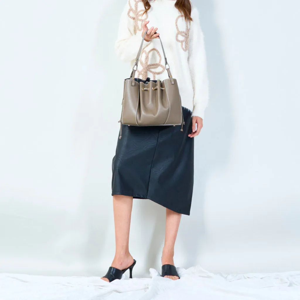 Drawstring bucket bag with leather finish wholesale