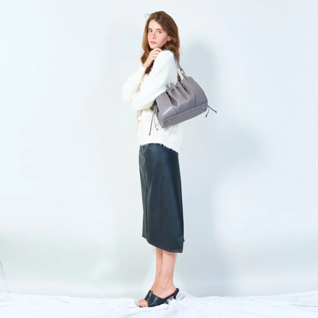 Drawstring bucket bag with leather finish wholesale