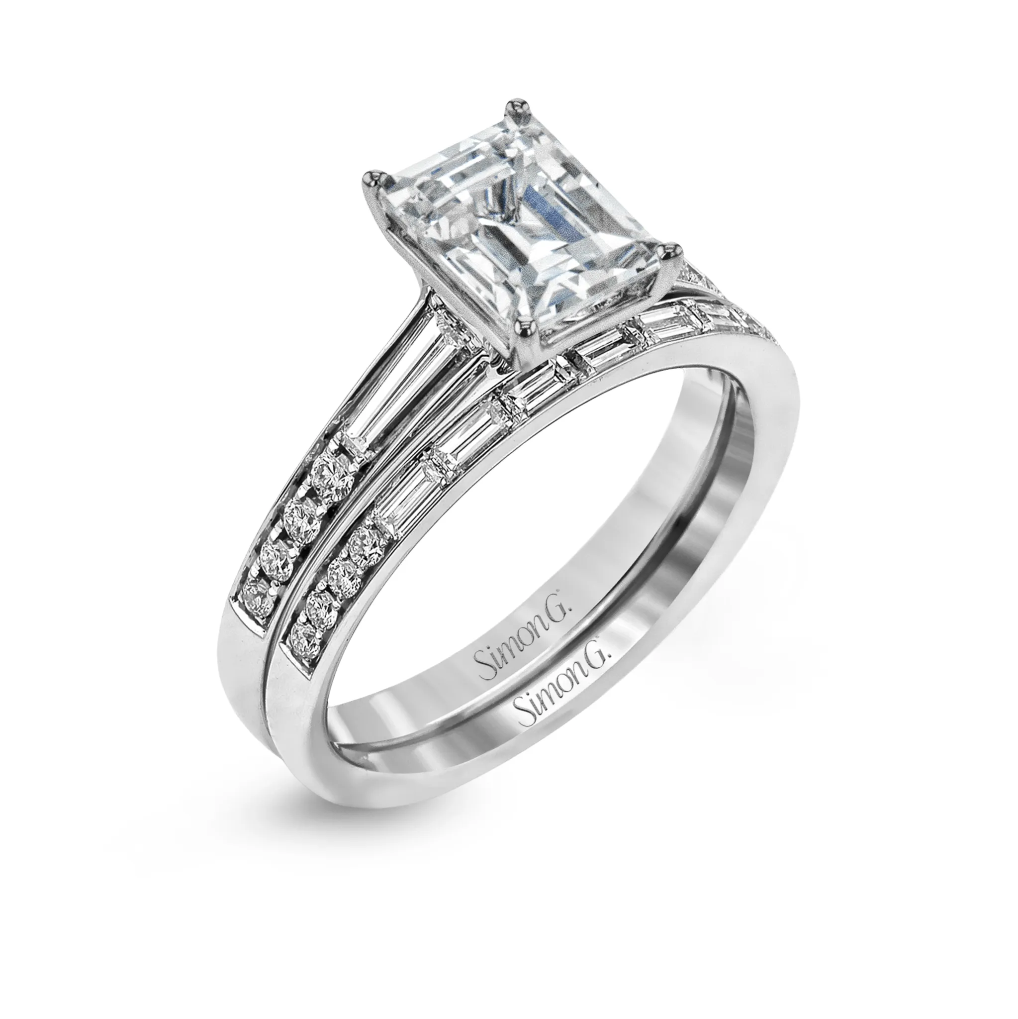 Emerald-cut Engagement Ring & Matching Wedding Band in 18k Gold with Diamonds