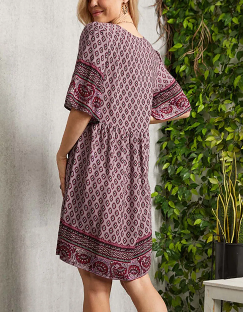 Ethnic Print V-Neck Short Sleeve Midi A Line Dresses
