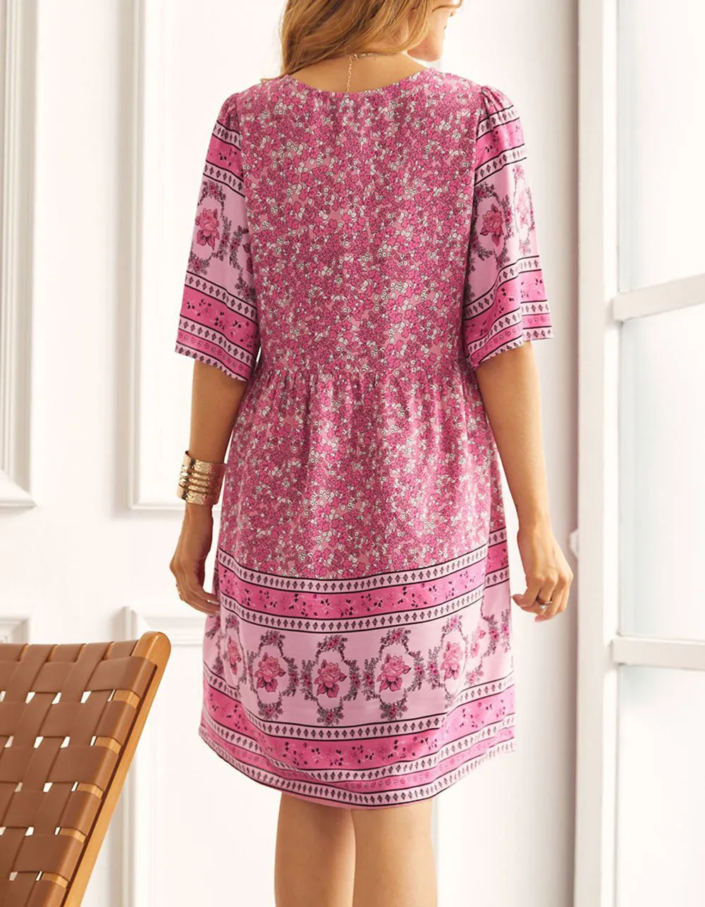 Ethnic Print V-Neck Short Sleeve Midi A Line Dresses