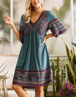 Ethnic Print V-Neck Short Sleeve Midi A Line Dresses