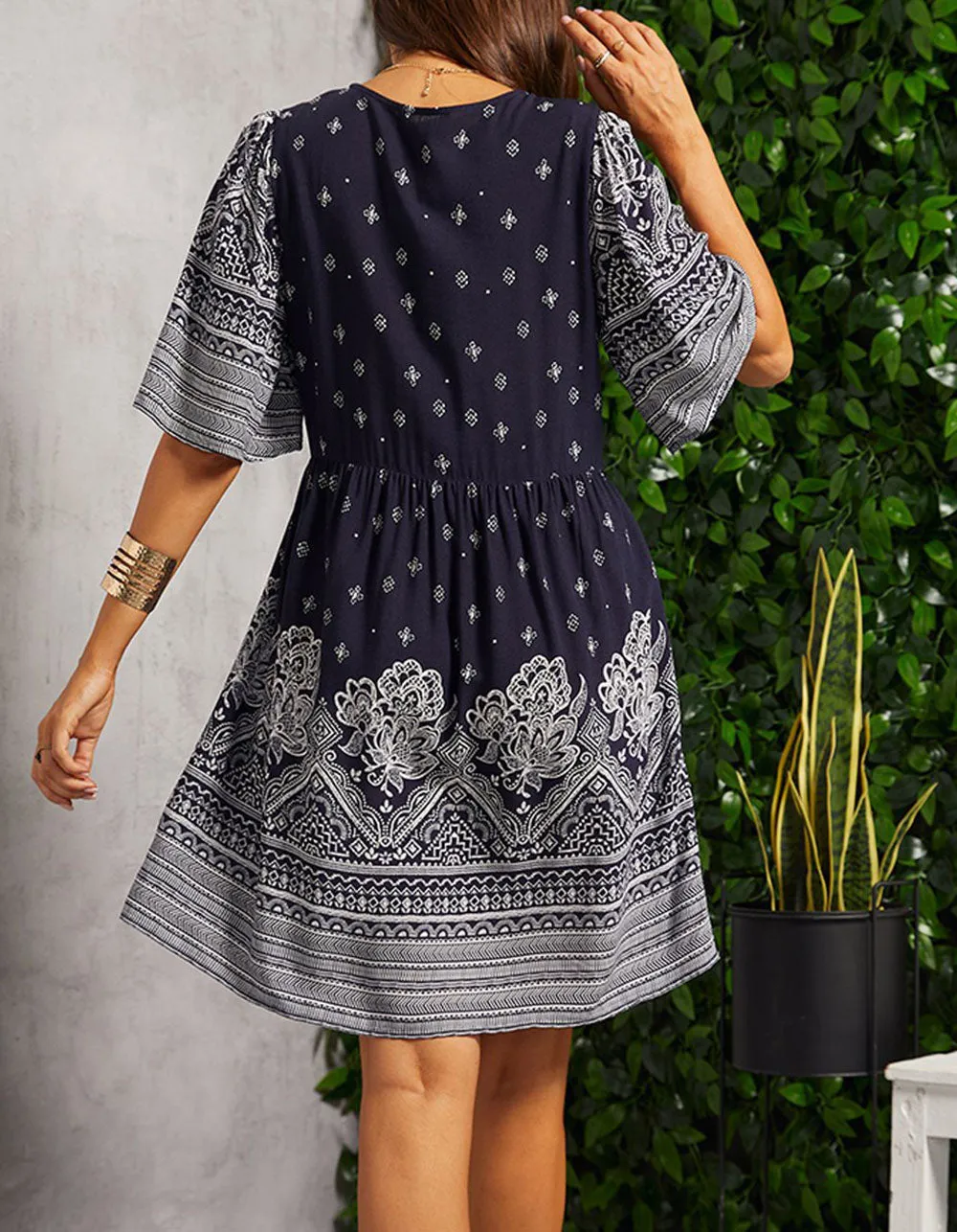 Ethnic Print V-Neck Short Sleeve Midi A Line Dresses