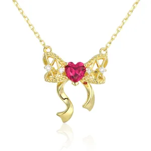 Heart Red Corundum with Zircon Hollow Bow Silver Necklace for Women