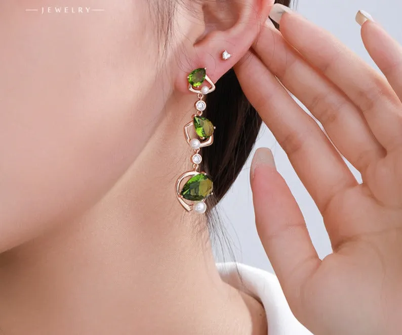 Light luxury temperament inlaid with artificial gemstones olive green drop-shaped earrings