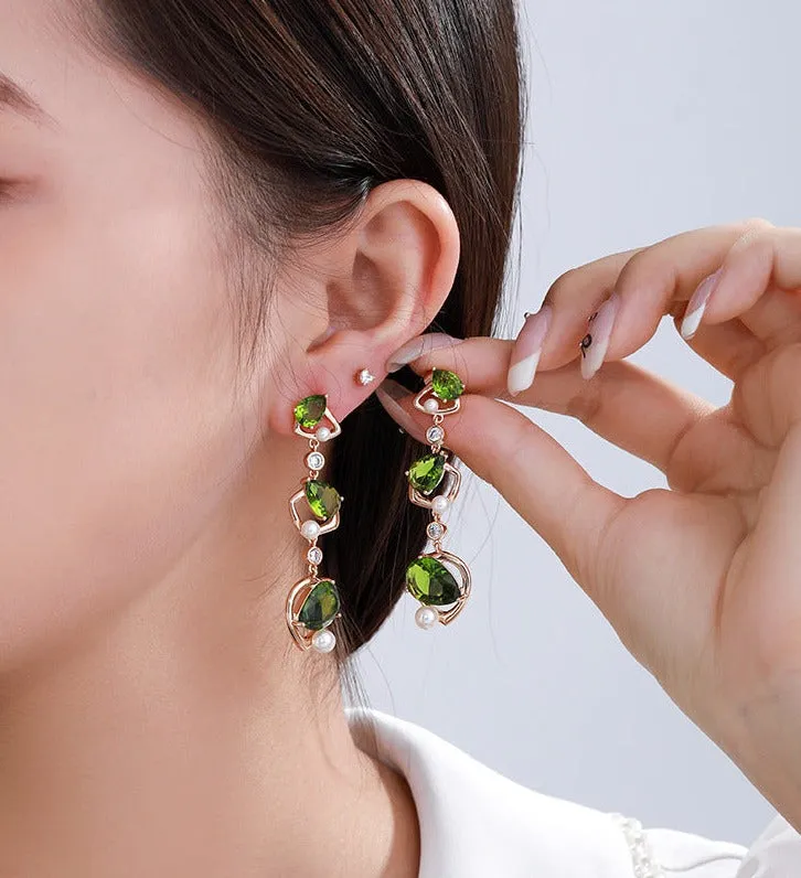 Light luxury temperament inlaid with artificial gemstones olive green drop-shaped earrings
