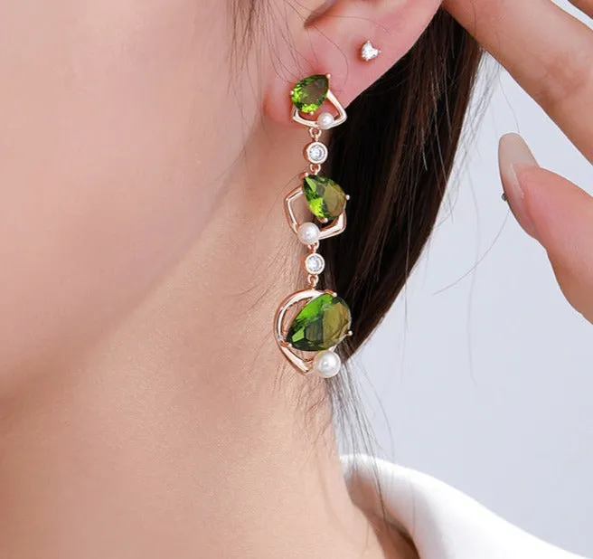 Light luxury temperament inlaid with artificial gemstones olive green drop-shaped earrings