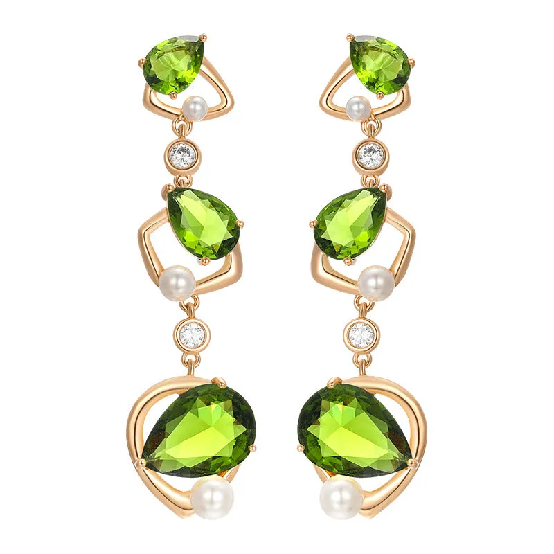 Light luxury temperament inlaid with artificial gemstones olive green drop-shaped earrings