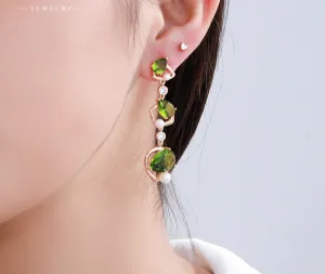 Light luxury temperament inlaid with artificial gemstones olive green drop-shaped earrings