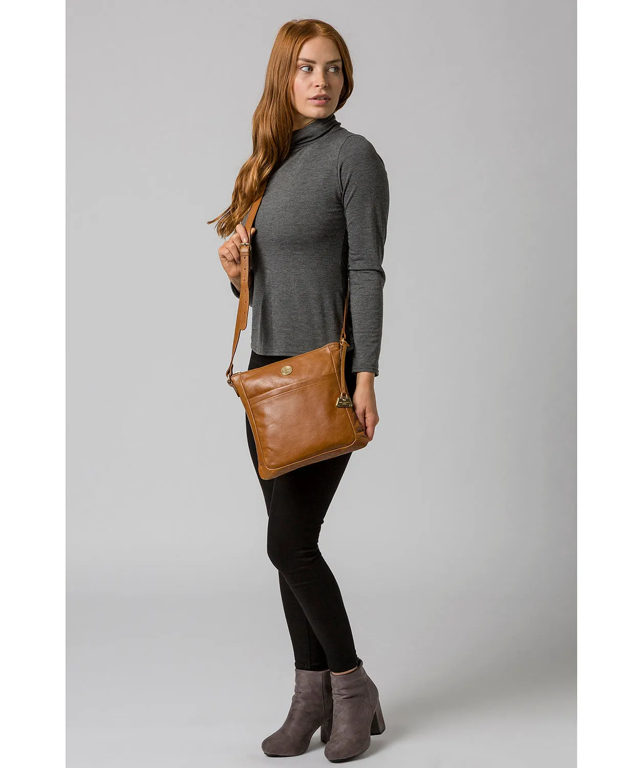 'Lotus' Saddle Tan Leather Cross Body Bag