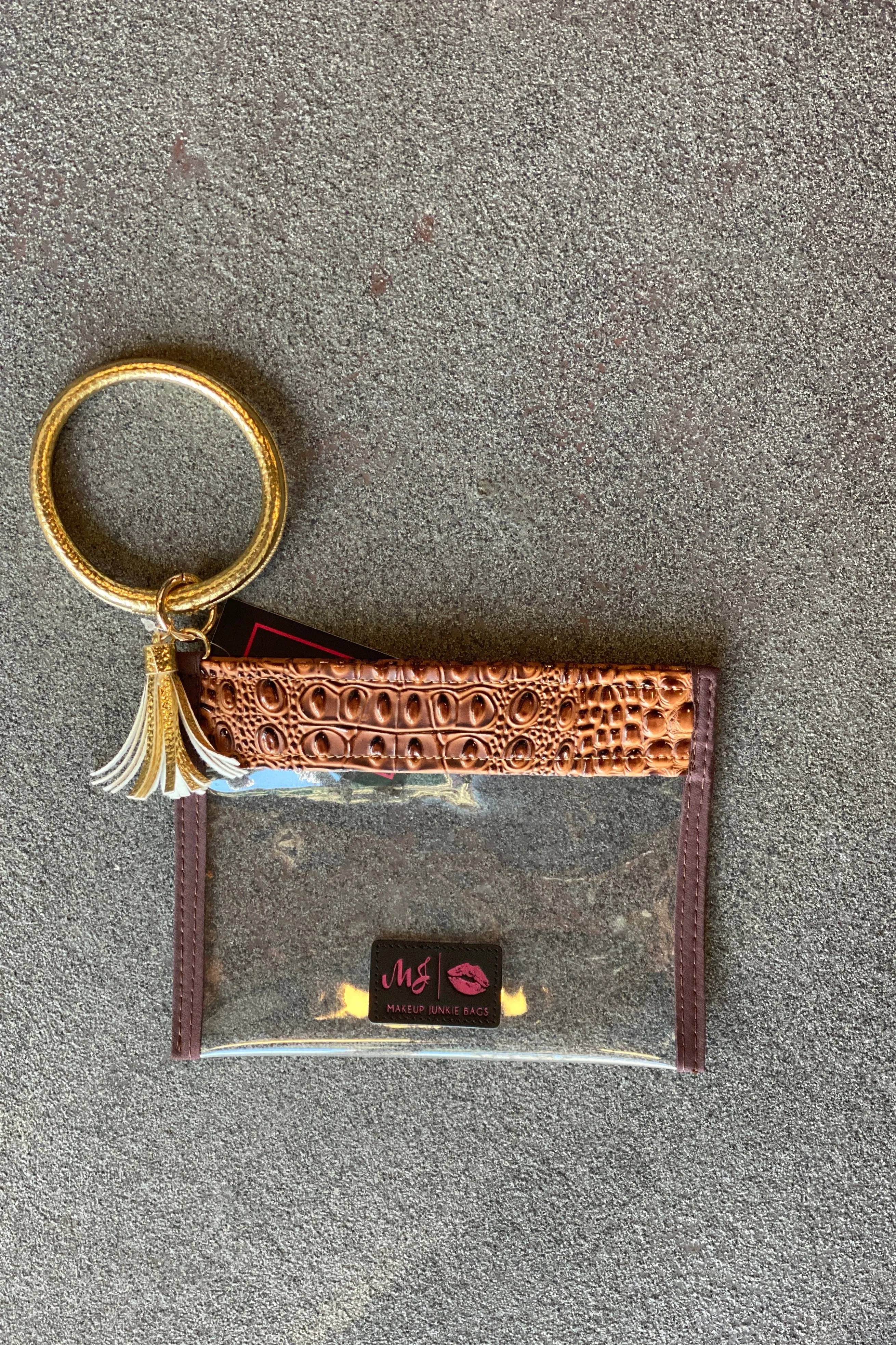 Makeup Junkie In The Clear Bubble Gator Cognac Wristlet