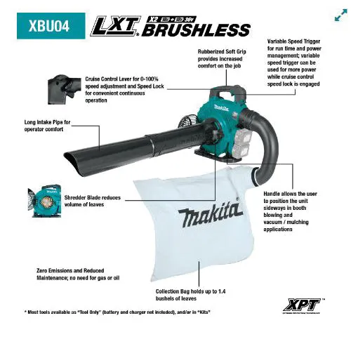 Makita® XBU04PTV Brushless Blower Kit With Vacuum Attachment Kit, Tool/Kit: Kit, 36 V, 448 cfm Air Flow, 5 Ah