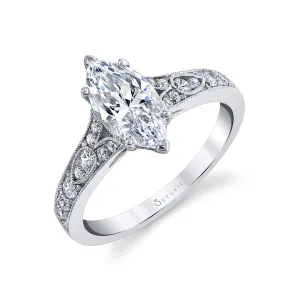 Marquise Cut Vintage Inspired Engagement Ring - Chereen 18k Gold White