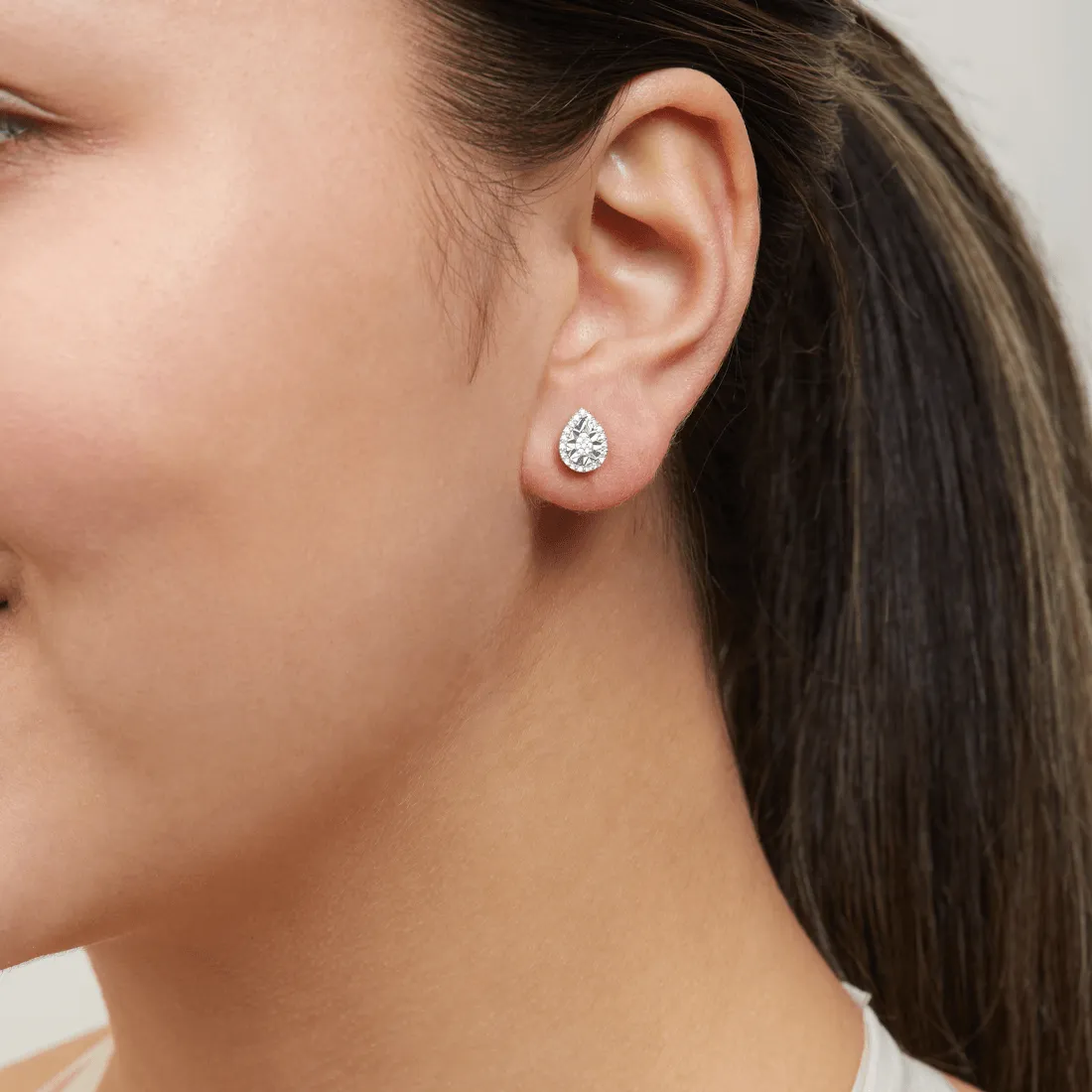 Miracle Halo Pear Stud Earrings with 0.10ct of Diamonds in Sterling Silver