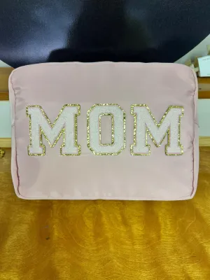 MOM XL Nylon Varsity Pouch - Pink with Gold Lettering