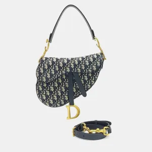 Navy Blue/Beige Oblique Saddle Shoulder Bag