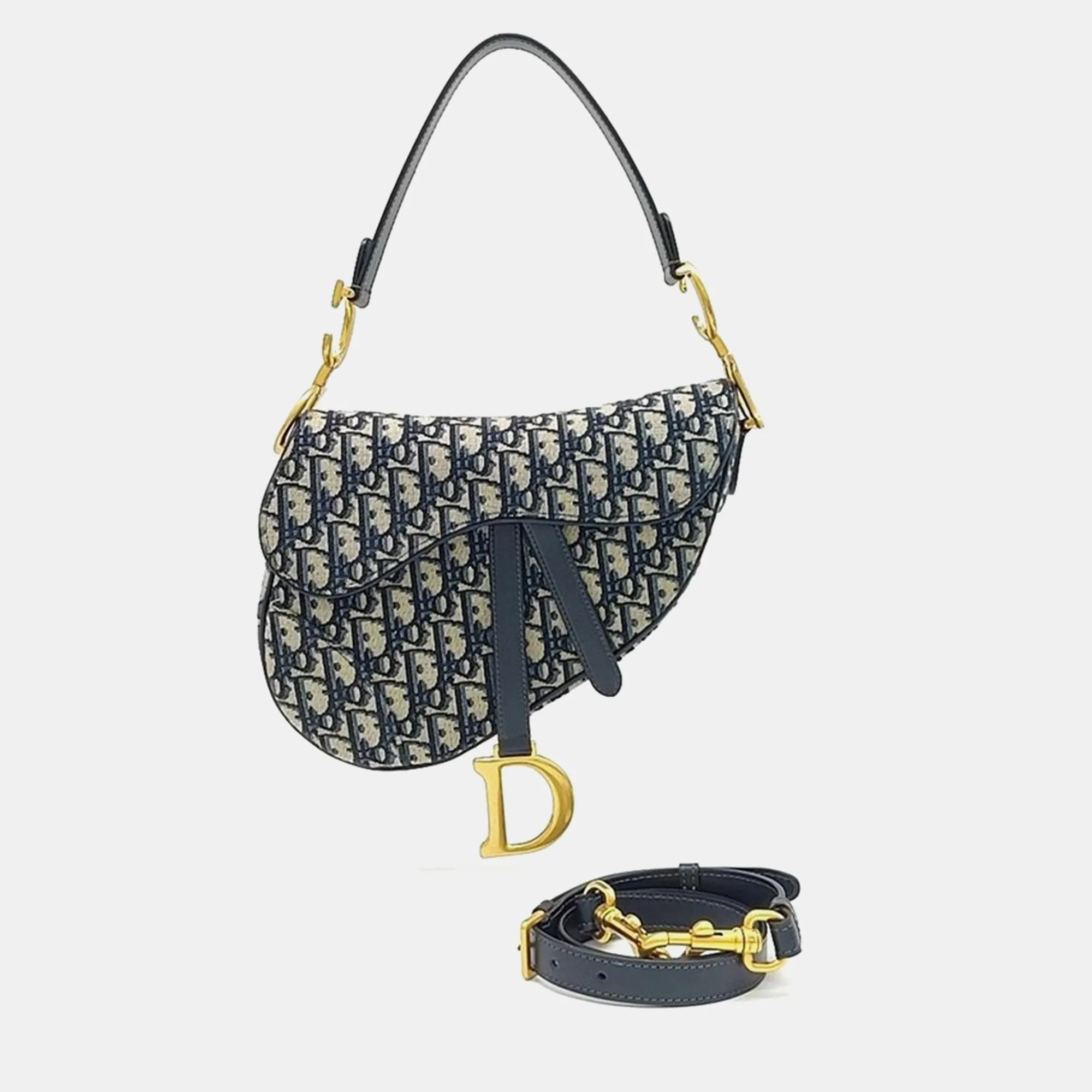 Navy Blue/Beige Oblique Saddle Shoulder Bag