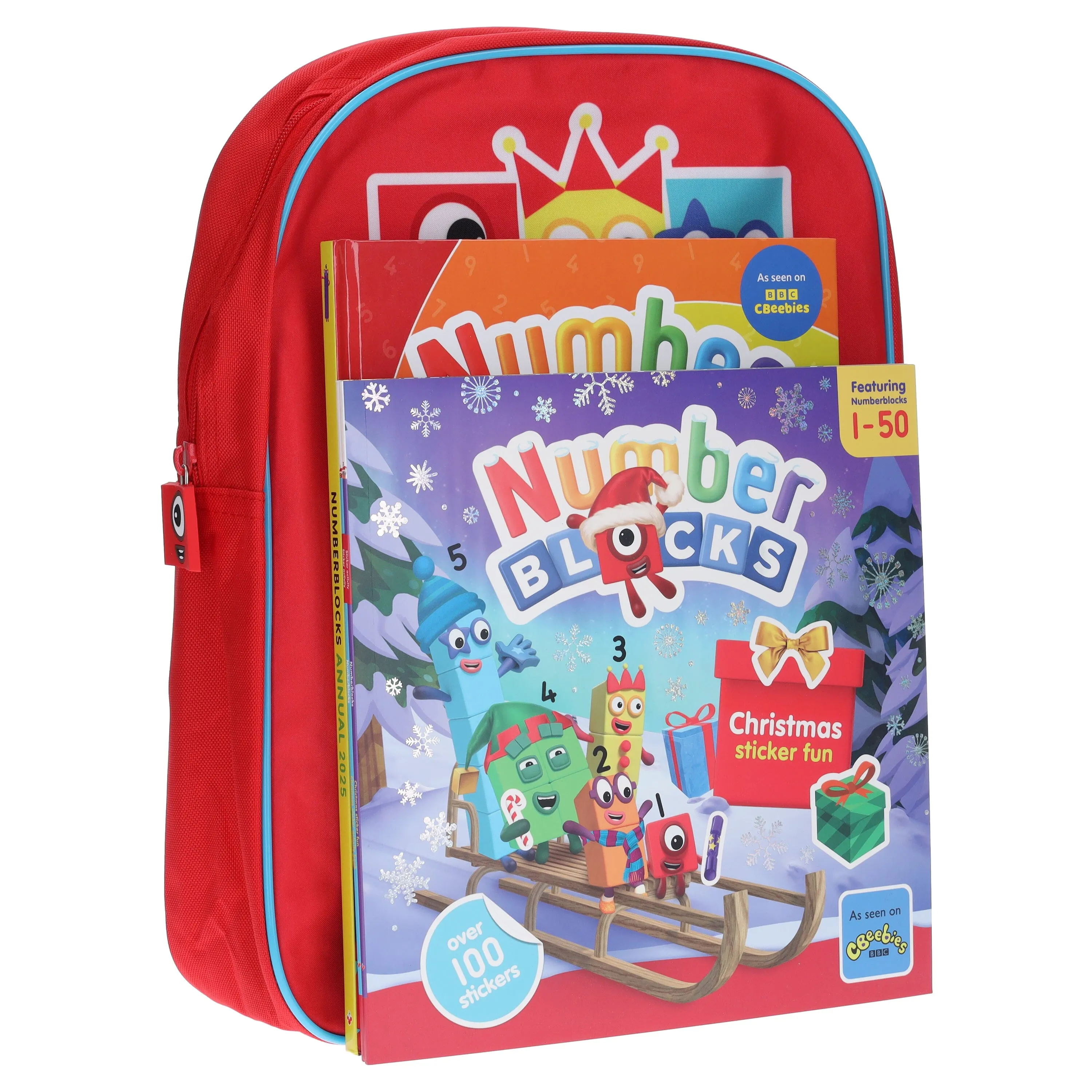 Numberblocks Christmas Collection 3 Books Set and A Children's Nursery Red Schoolbag for Boys & Girls- Ages 1-7 - Paperback/Hardback