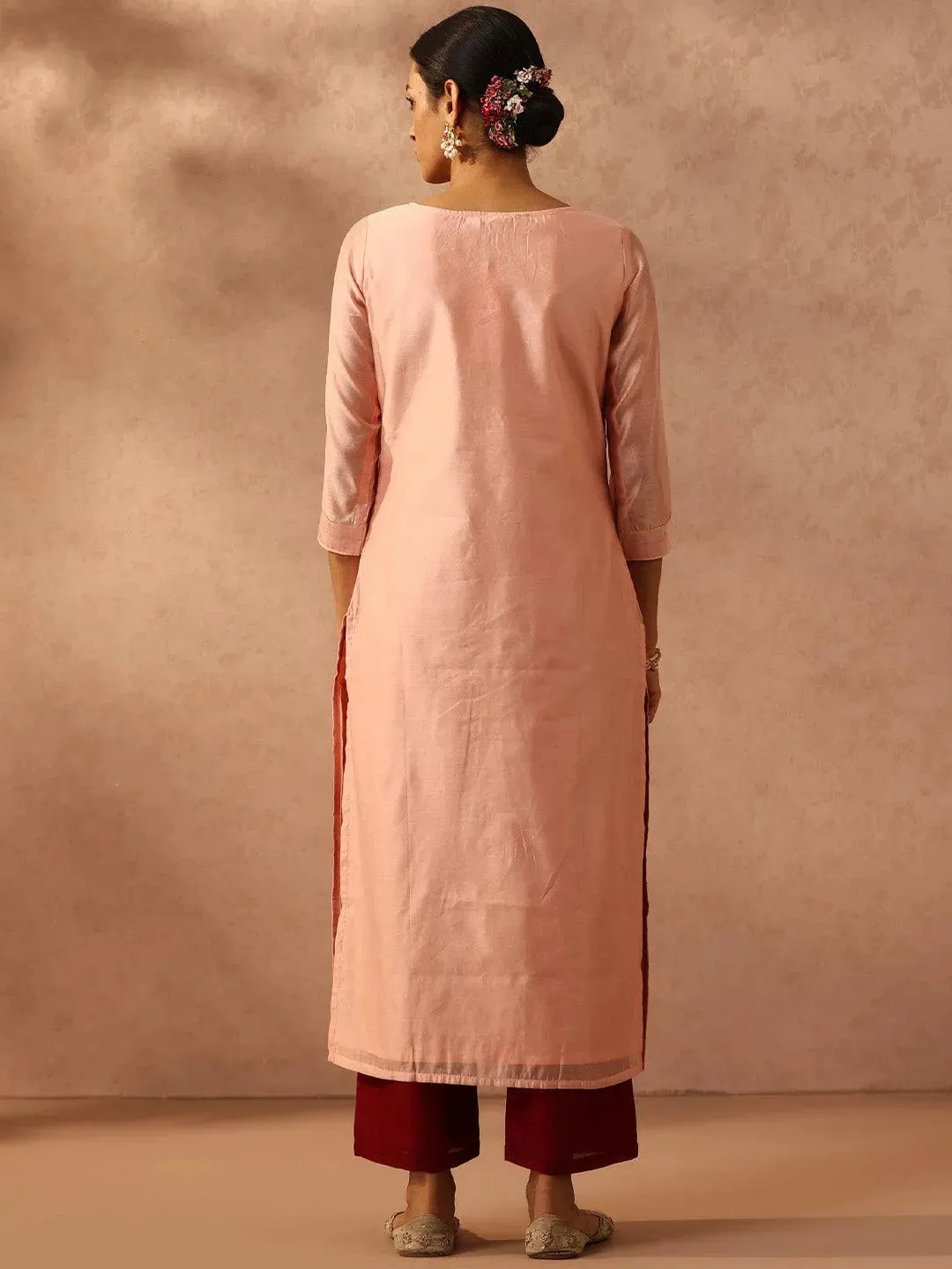 Peach Self Design Chanderi Silk Straight Kurta