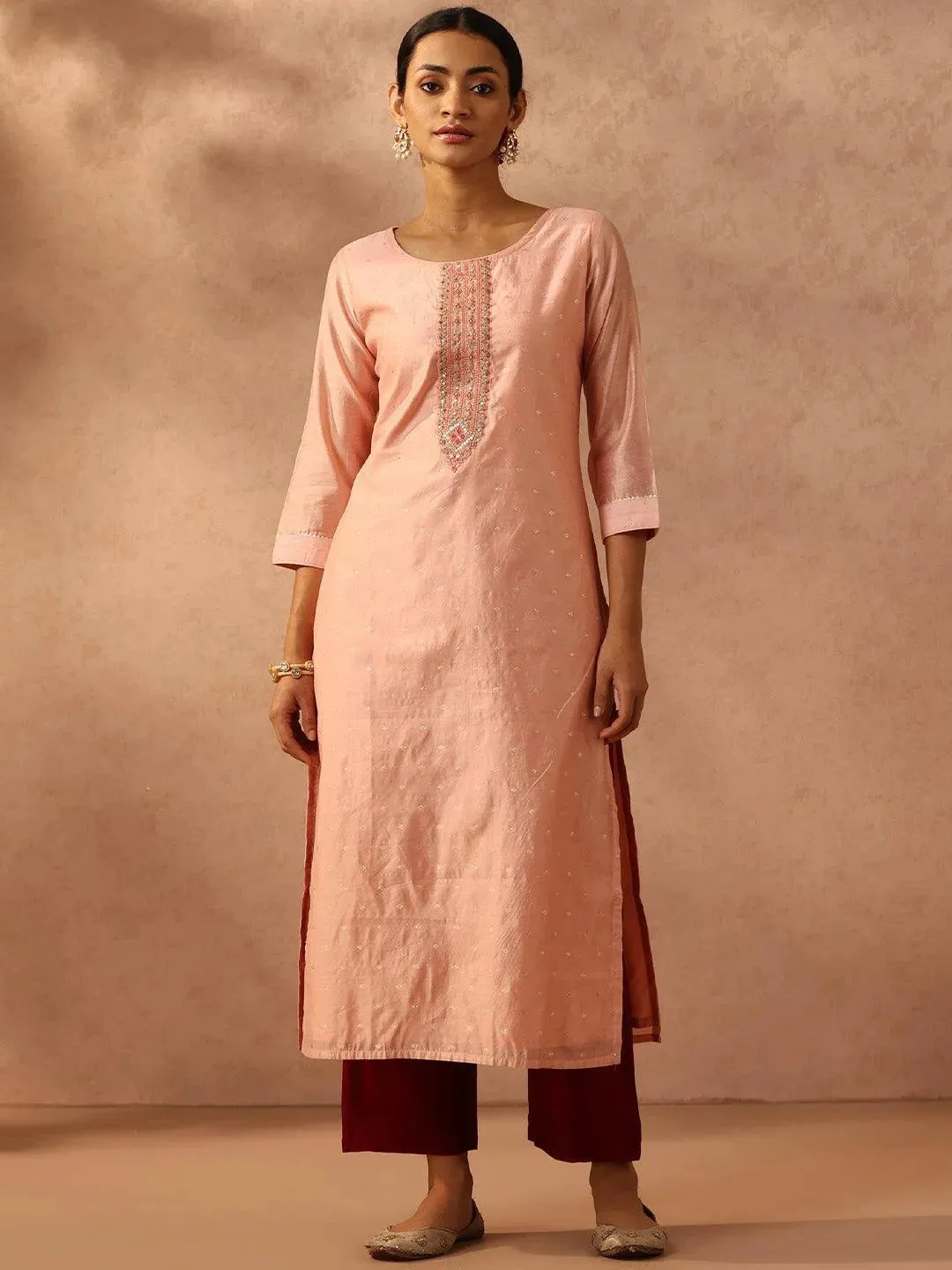 Peach Self Design Chanderi Silk Straight Kurta
