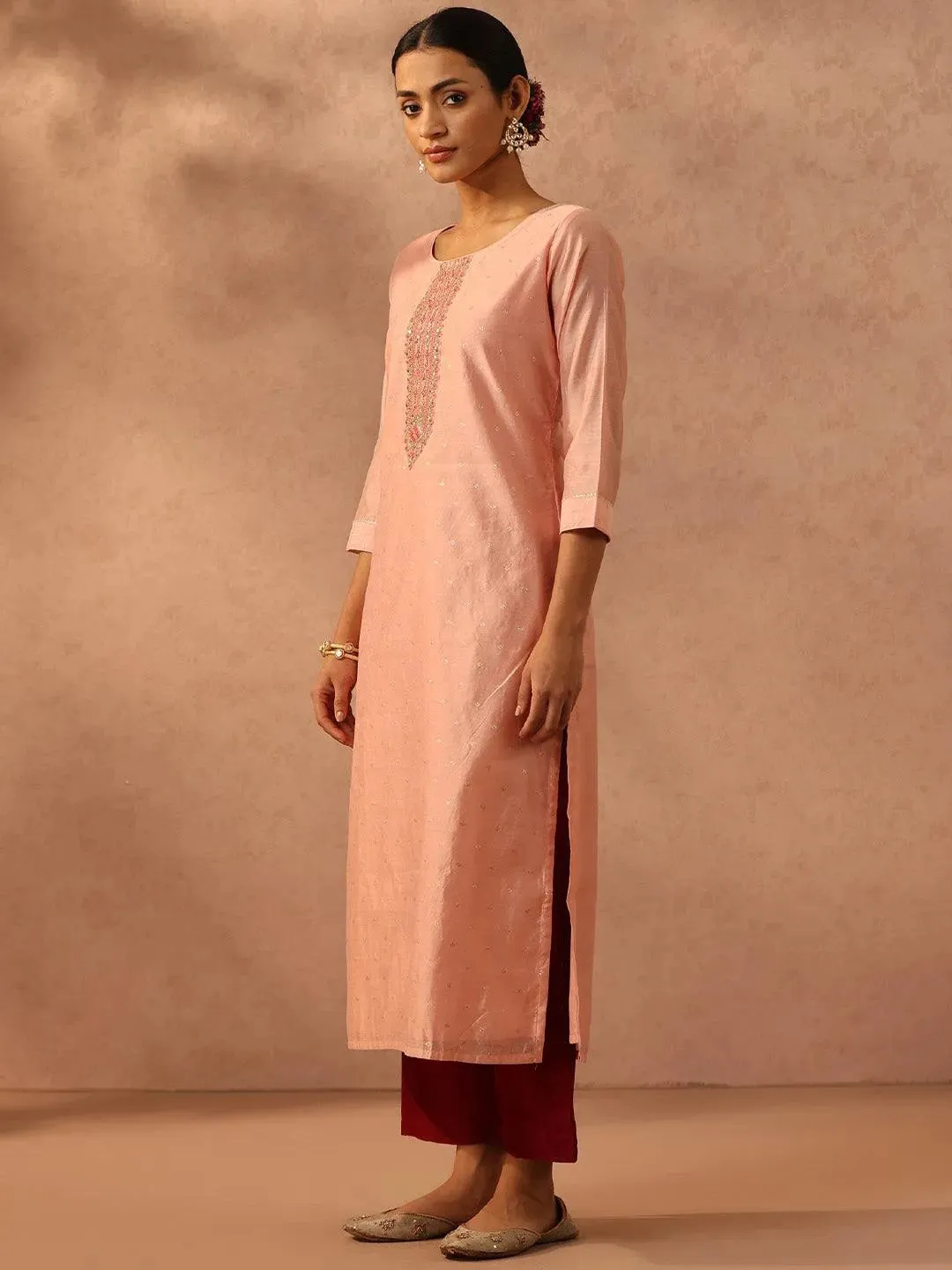Peach Self Design Chanderi Silk Straight Kurta