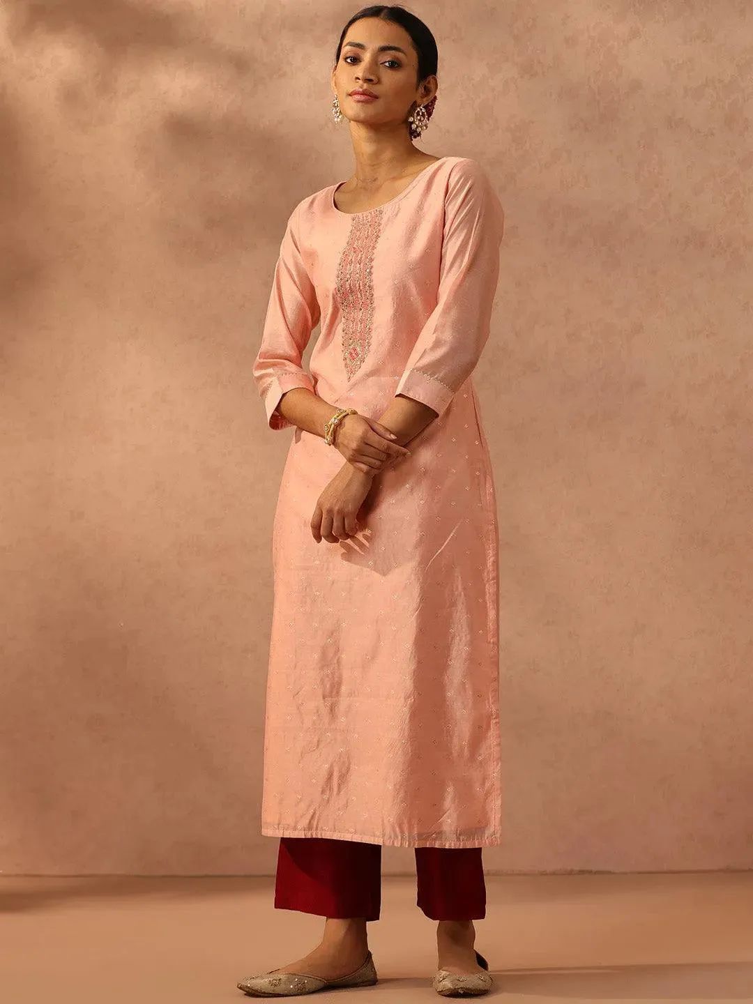 Peach Self Design Chanderi Silk Straight Kurta