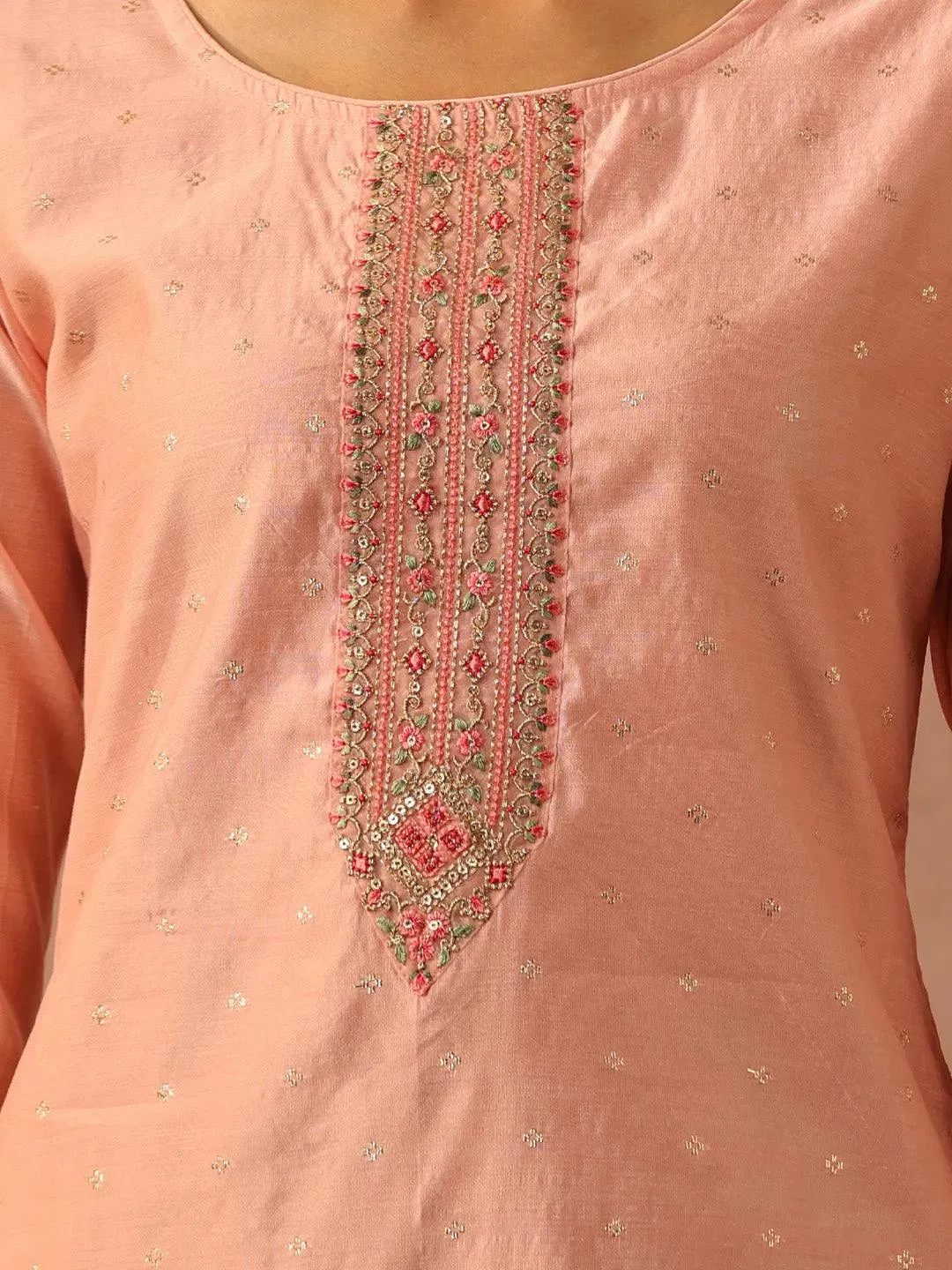 Peach Self Design Chanderi Silk Straight Kurta