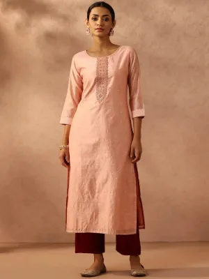 Peach Self Design Chanderi Silk Straight Kurta