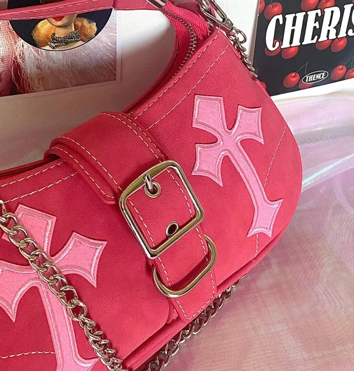 Pink Cross Print Shoulder Bag