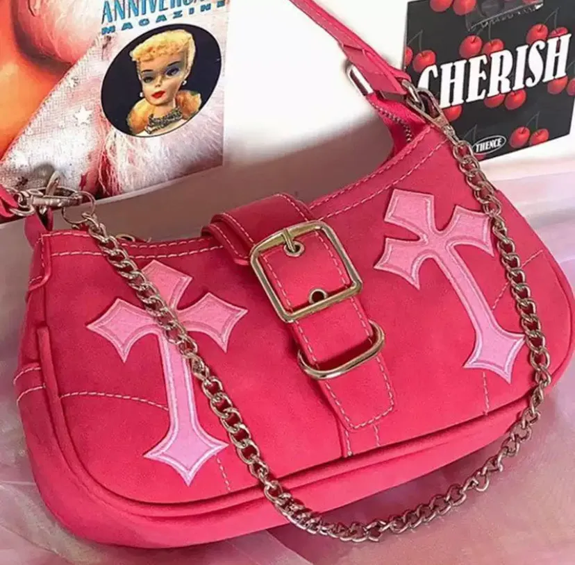 Pink Cross Print Shoulder Bag