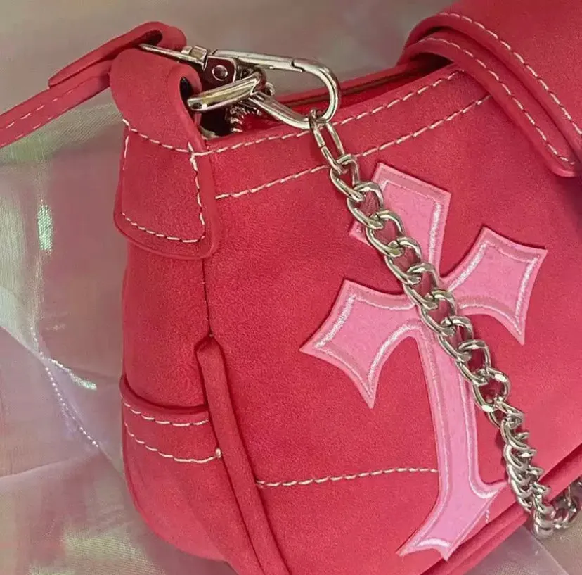Pink Cross Print Shoulder Bag