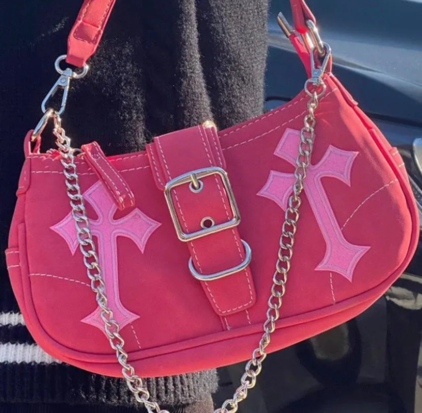 Pink Cross Print Shoulder Bag