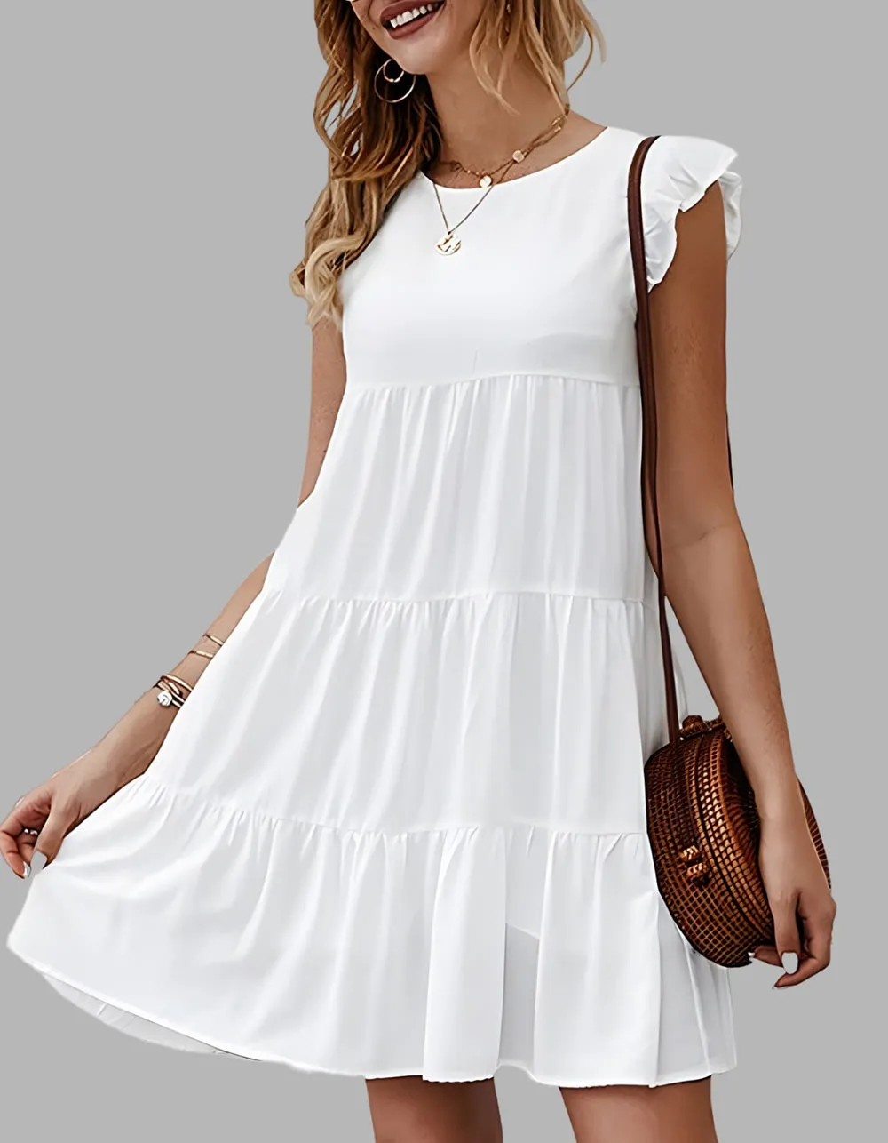 Plain Round Neck Puff Sleeve Pleated Backless A Line Dresses