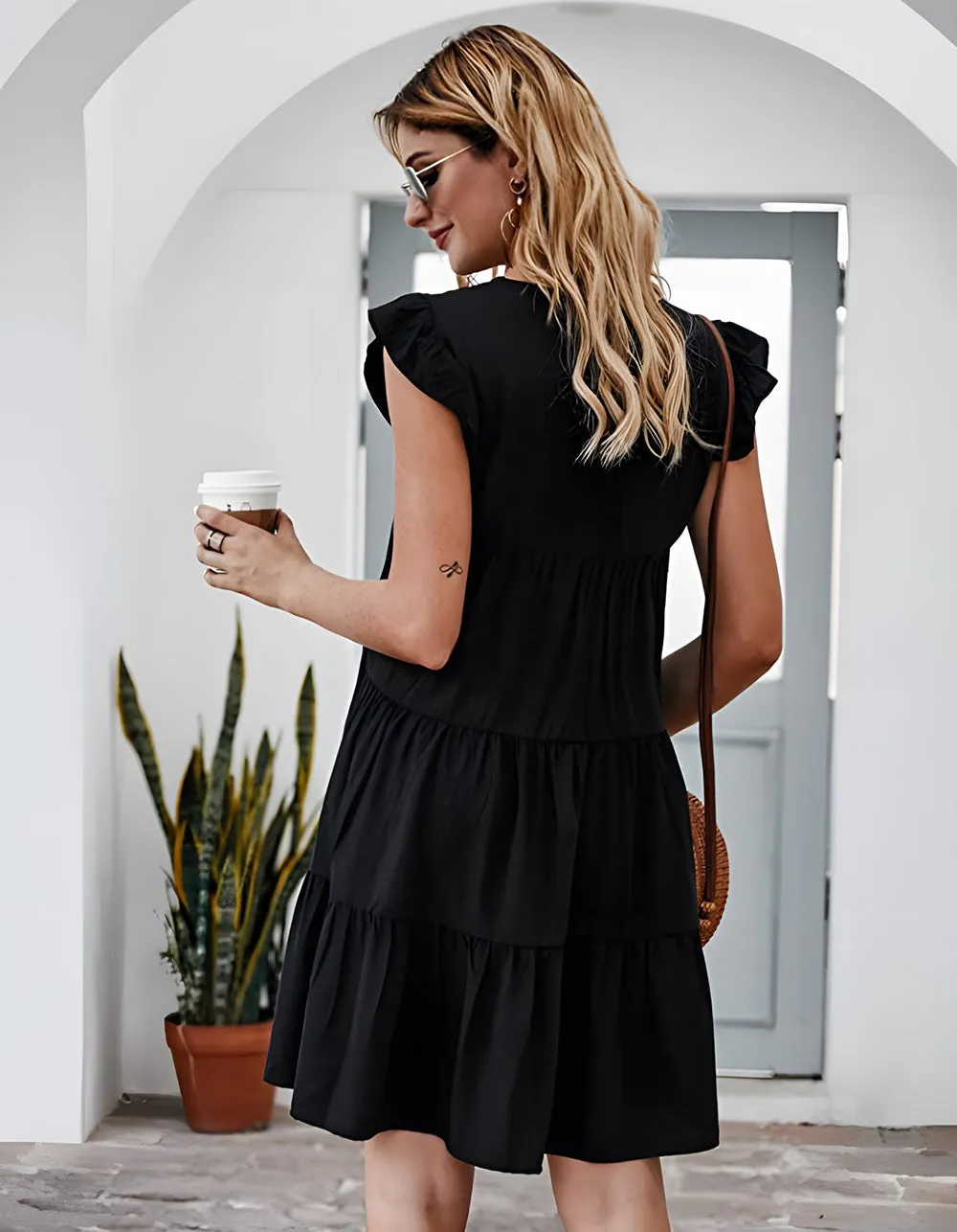 Plain Round Neck Puff Sleeve Pleated Backless A Line Dresses