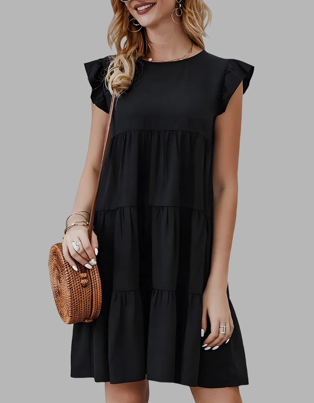 Plain Round Neck Puff Sleeve Pleated Backless A Line Dresses
