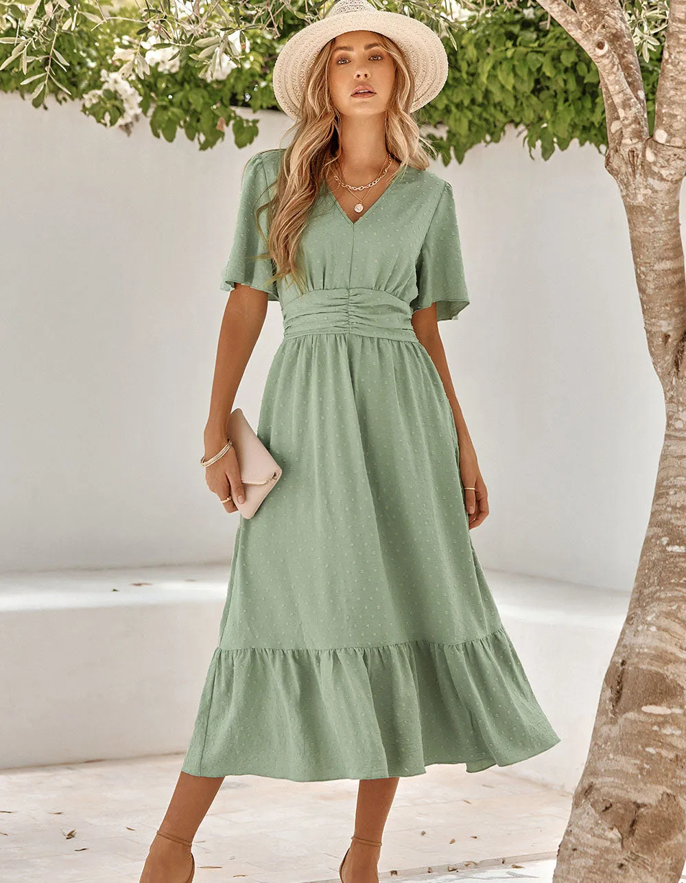Plain Solid-color Flounce Sleeve Ruffle Long A-Line Dresses