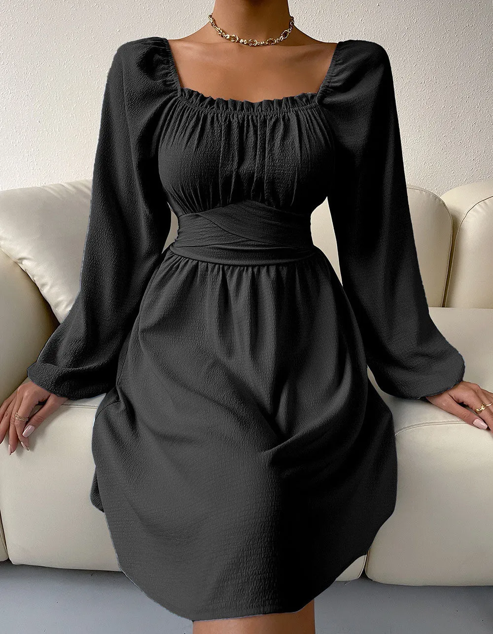Plain Square Neck Long Sleeve High Waist Belted A-line Dresses