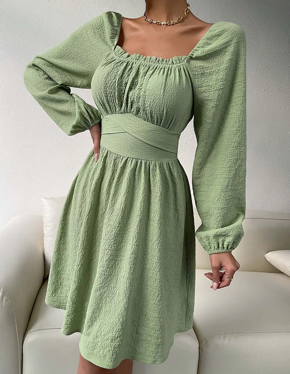 Plain Square Neck Long Sleeve High Waist Belted A-line Dresses
