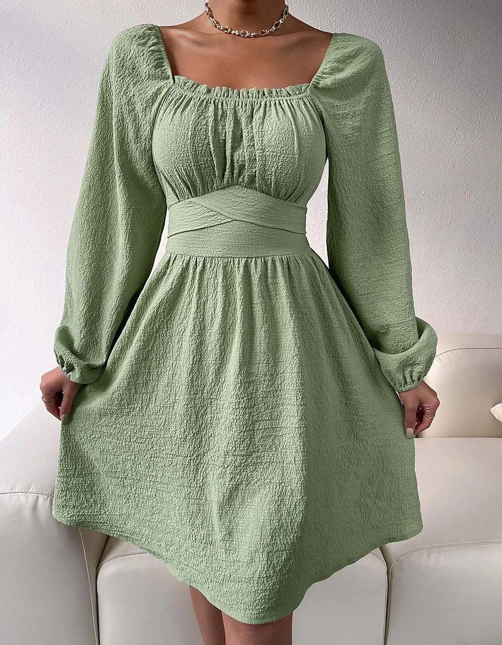 Plain Square Neck Long Sleeve High Waist Belted A-line Dresses