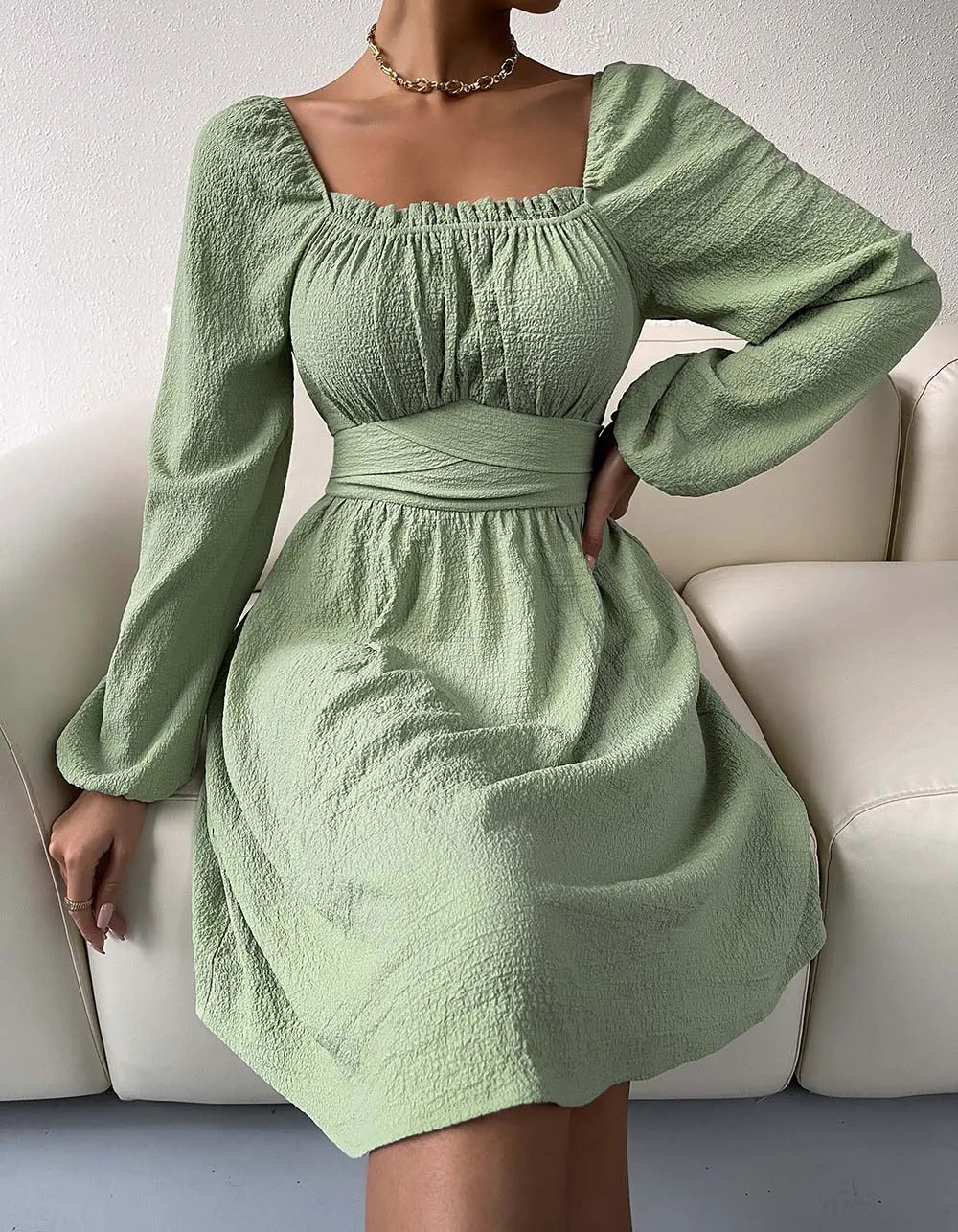 Plain Square Neck Long Sleeve High Waist Belted A-line Dresses