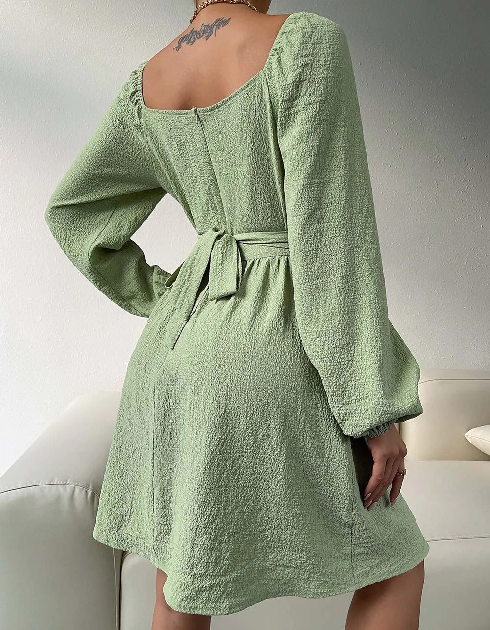 Plain Square Neck Long Sleeve High Waist Belted A-line Dresses