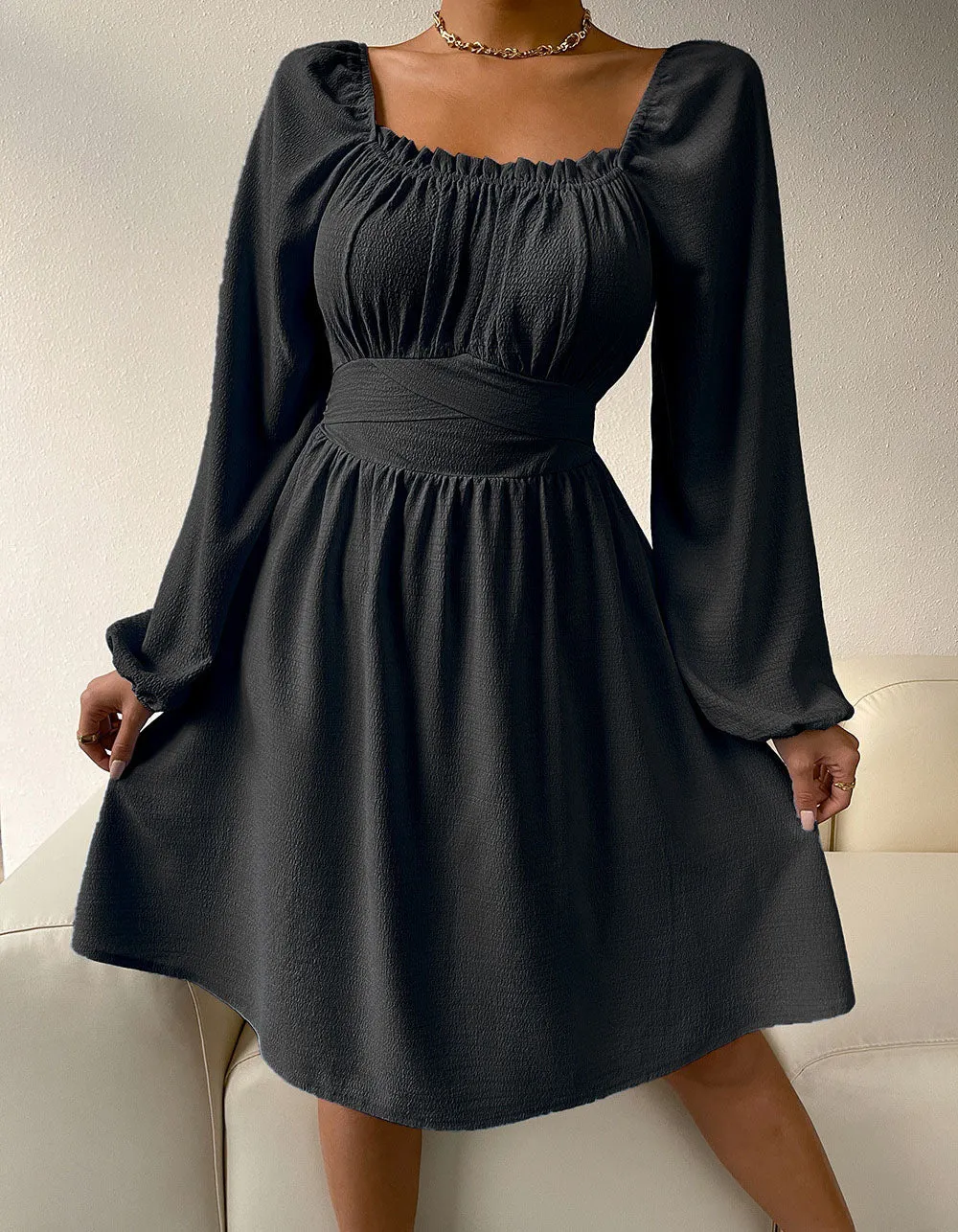 Plain Square Neck Long Sleeve High Waist Belted A-line Dresses