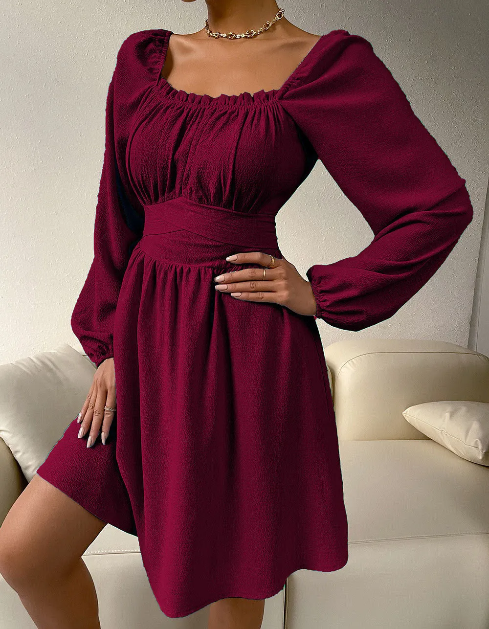 Plain Square Neck Long Sleeve High Waist Belted A-line Dresses