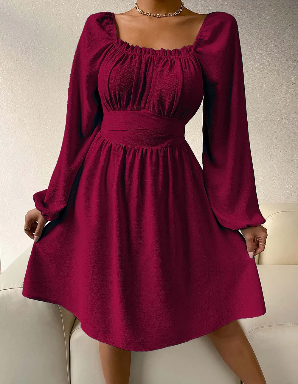Plain Square Neck Long Sleeve High Waist Belted A-line Dresses