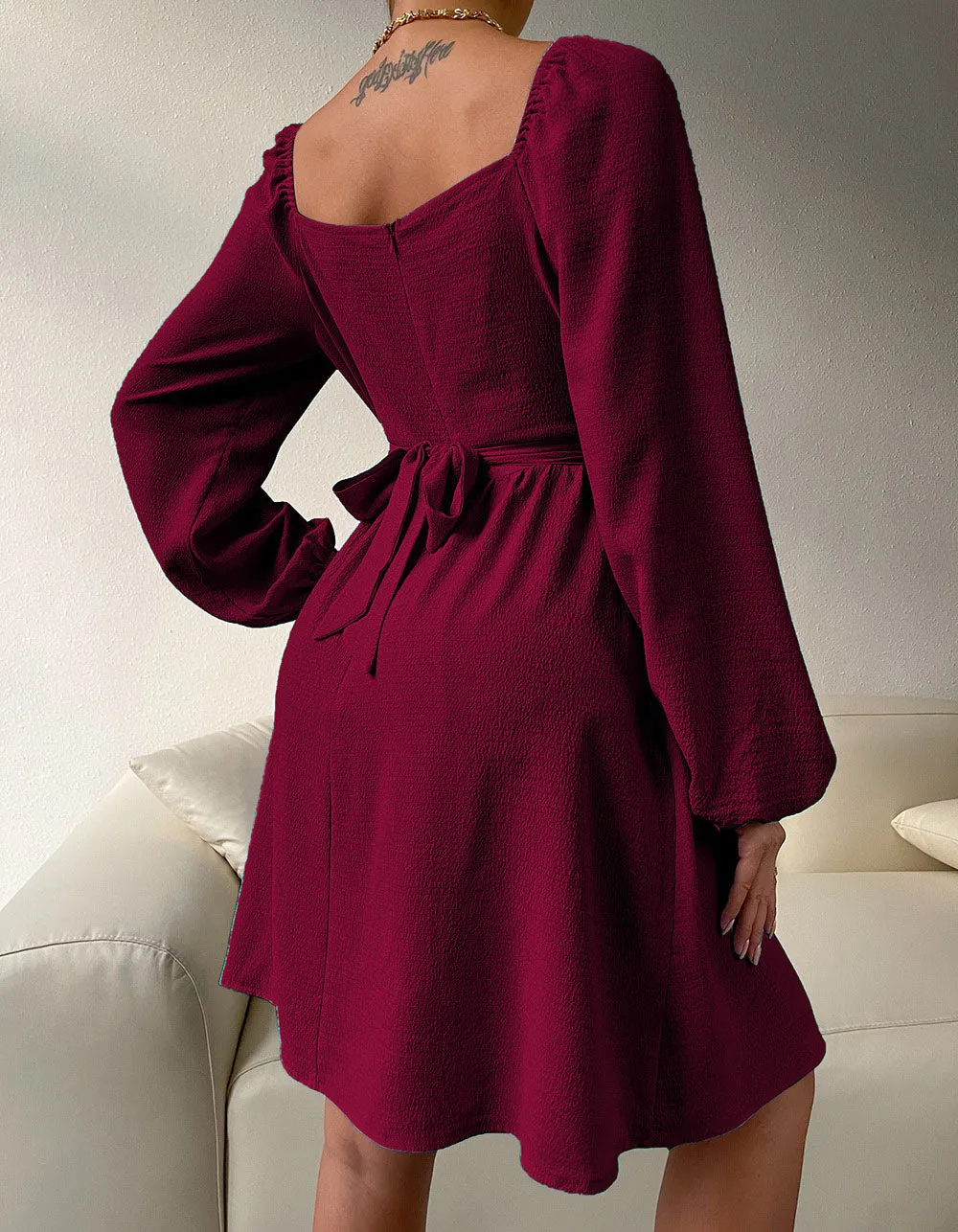 Plain Square Neck Long Sleeve High Waist Belted A-line Dresses