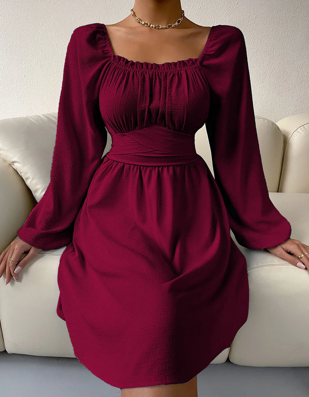 Plain Square Neck Long Sleeve High Waist Belted A-line Dresses